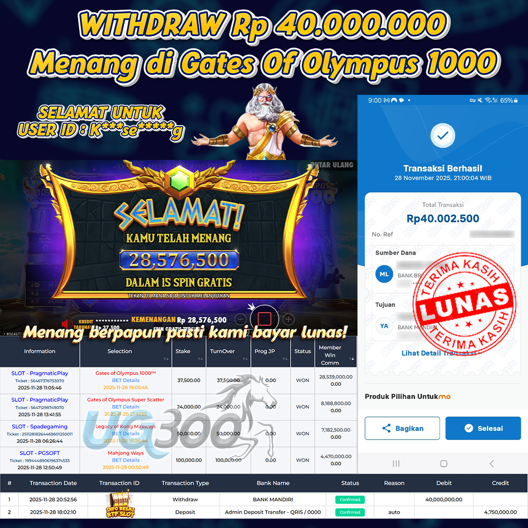 UG300 BERMAIN DI GATES OF OLYMPUS 1000 ONFIRE JACKPOT Rp.40,000,000- DI BAYAR TUNTAS